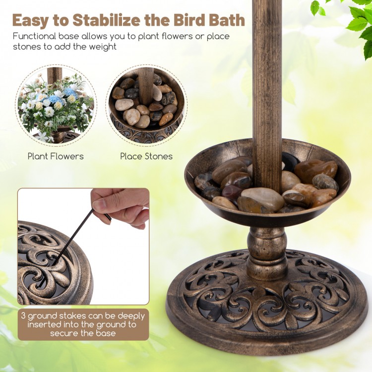 Standing pedestal birdbath with lotus leaf bowl, bronze finish, featuring drainage holes for plants and stabilizing.